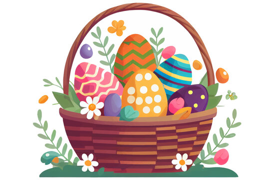 vector illustration of aester colorful eggs inside wicker basket isolation on white background