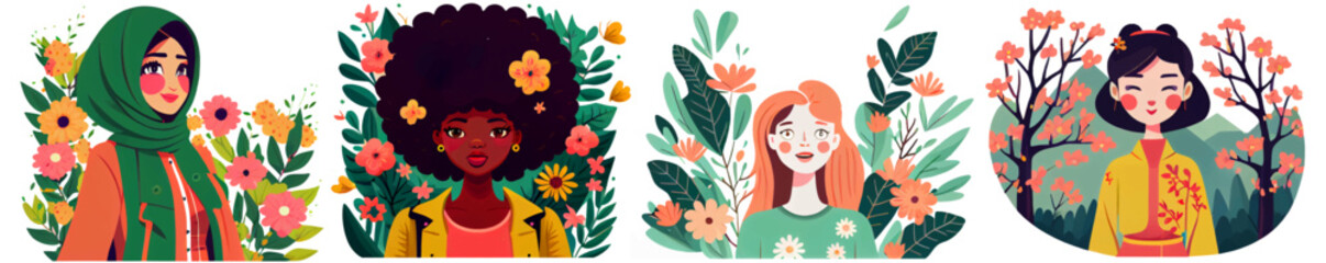 horizontal vector illustration of international women in blossom spring flowers isolate