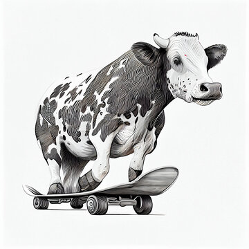 Drawing of fantasy cow riding on skateboard, generative ai