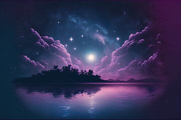 Obraz premium Sky with stars falling nebula purple lilac blue hazy seascape at sunset in the summer with stunning clouds. Generative AI