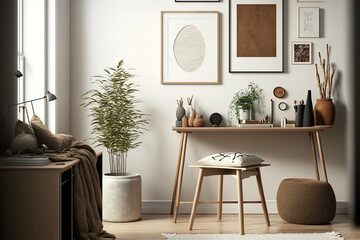 Interior design of a Scandinavian living room including a chic wooden stool, mock up poster frames, a book, a ceramic jar, decorations, carpet, and personal items in a vintage style. Template