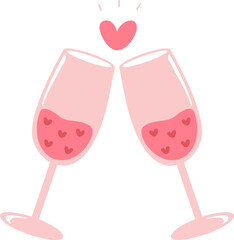 Fototapeta premium Kawaii Wine Glass Valentine Illustration Doodle Isolated Cheers Couple Two Pink Red