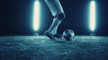 football dribbling practice, closeup of professional football player in stadium at night, training - Powered by Adobe