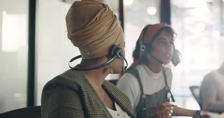 Call center, training and black woman coaching recruit at customer service agency in Africa. Diversity, teamwork and crm, telemarketing manager consulting woman at desk for customer support help line