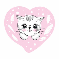Cute Cartoon white kitten with pink heart on a white background