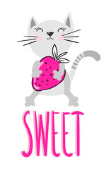 Typography slogan with cute sweet cat illustration. Vector illustration. Print graphic for T-shirt.