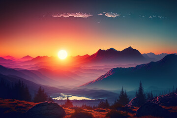 vibrant sky with mountains in the backdrop and the sun. sunrise and sunset. Generative AI