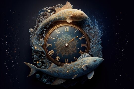 Pisces_constellation_stars_clock_fish_Spring_Generative_AI