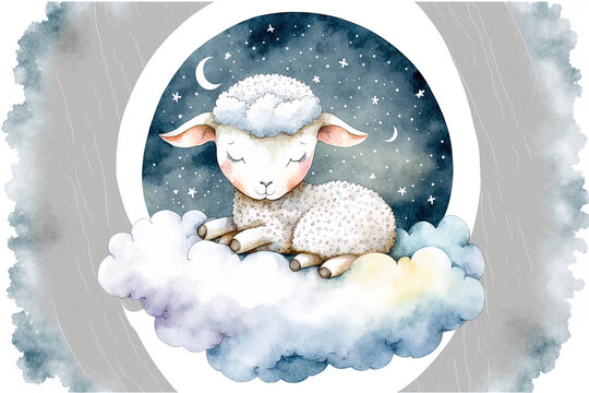 A adorable newborn sheep or lamb is shown in a watercolor picture while dozing off on the moon and a cloud. Invitation for baby shower with fox nursery theme. Generative AI