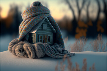 Doll house wrapped with scarf in front of blurred cold winter day background. Front view, Generated AI