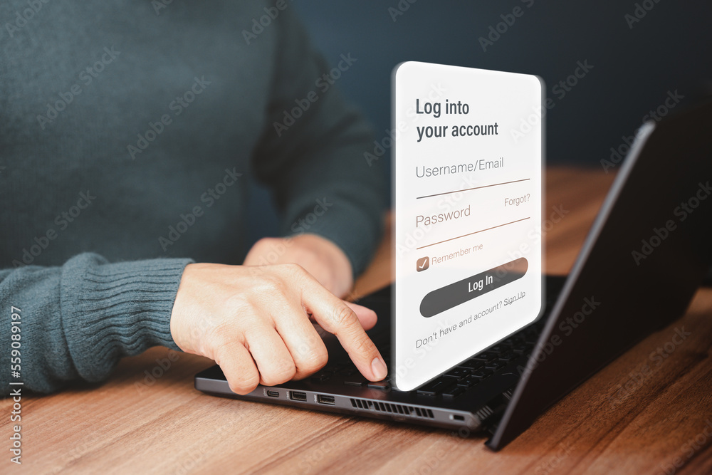 Poster Man protecting personal data on a computer laptop and virtual interface. Cyber security concept to protect data. Secure encryption and access to the user's private information to access the internet.
