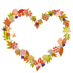 Heart shaped wreath of mushrooms and autumn leaves isolated on white background.