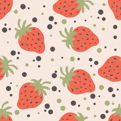 Seamless pattern, wallpaper bright red cute strawberry on dots background.