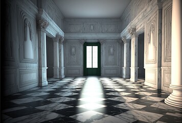 empty marble room with columns, checkered tile flooring and light coming from doorway, generative ai composite, 