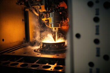 cnc milling machine in action close up with golden sparks, generative ai composite