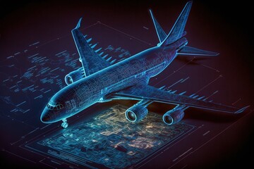 neon blue airplane model hologram on blueprint, generative ai composite