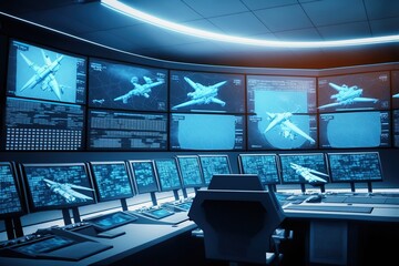 blue aeronautic control room illustration concept, generative ai composite - obrazy, fototapety, plakaty