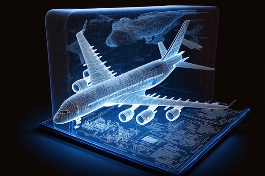neon blue airplane model hologram on blueprint, generative ai composite