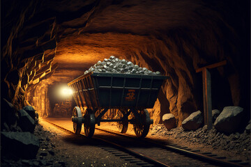Mining cart in mine tunnel. wide angle, Generated AI - obrazy, fototapety, plakaty