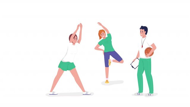 Animated PE class. Basketball warm up exercise. Full body flat people on white background with alpha channel transparency. Colorful cartoon style HD video footage of characters for animation