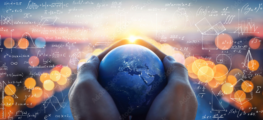 Wall mural mathematical and physical formulas against background of a earth in universe. space background on th