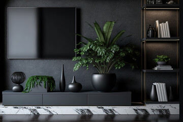 TV shelf with plant on black marble wall in contemporary living room,. Generative AI