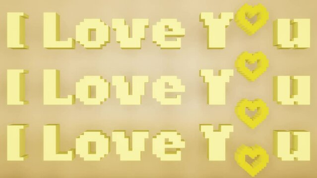 Yellow Pixel 'I LOVE YOU' Phrase with Moving Pixel Hearts On Light Background. Concept Valentine's Day, Wedding, Anniversary, Mother's Day, Love Story. Seamless Loop 4k Video