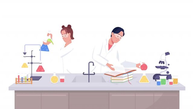 Animated science experiment at lab. Young researchers. Full body flat people on white background with alpha channel transparency. Colorful cartoon style HD video footage of characters for animation