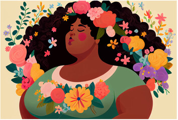 vector illustration of afro american woman in dress and blossom spring flowers isolate