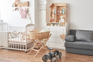 Children's bedroom interior. Playroom. Babies toys and accessories.