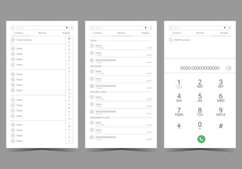App screen Contacts, Recents, Keypad design UI kit.