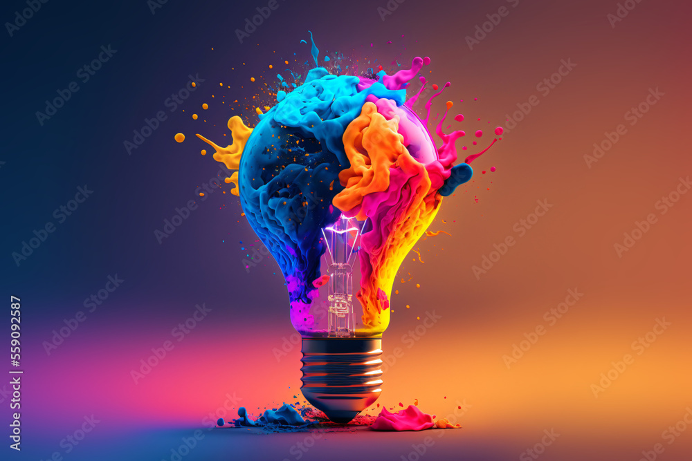 Wall mural a colorful glowing idea bulb lamp, visualization of brainstorming, bright idea and creative thinking