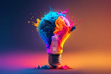 Foto auf Acrylglas Antireflex a colorful glowing idea bulb lamp, visualization of brainstorming, bright idea and creative thinking, generative ai © CROCOTHERY