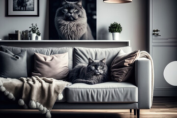 Cat in the living room beside a large grey sofa. Inside out design. Generative AI