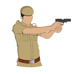 Indian police constable in uniform with gun. Police man aiming with gun vector illustration