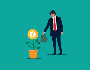 Businessman watering rupee plant. Investment and money saving concept vector.