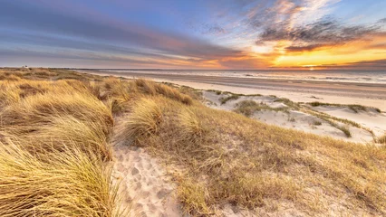 Poster de jardin Mer du Nord, Pays-Bas Beach and dunes colorful sunset