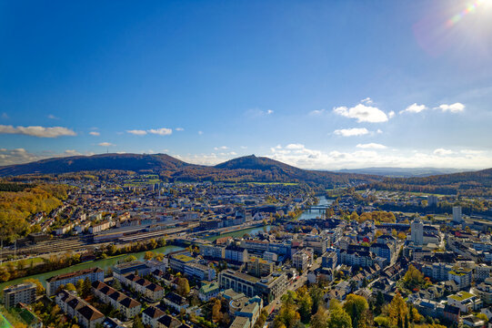 Aerial view of City of Olten on a blue cloudy autumn day with beautiful autumn landscape scenery. Photo taken November 10th, 2022, Olten, Switzerland.