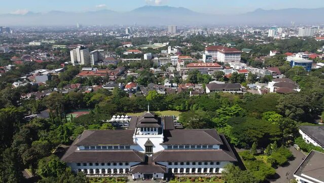 Aerial View of Gedung Sate, an Old Historical building with art deco style. Nowadays it is become a Governor Office, icon and landmark of Bandung, Indonesia .
