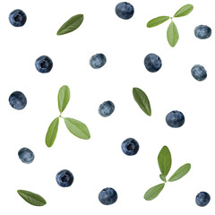 Seamless pattern, fresh blueberries with green leaves on a white background, isolated.