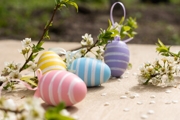Happy Easter. Easter eggs on rustic table with cherry blossoms. Natural dyed colorful eggs and spring flowers. Countryside still life