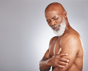 Arm pain, injury and senior black man with muscle inflammation, body accident and broken bone on...