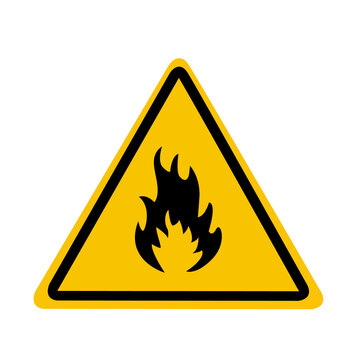Flammable substances sign. Yellow triangle with flame inside. Caution and warning.