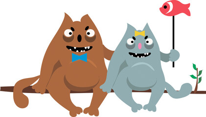 A fat cat and a fat cat are a couple in love. the cat is holding a balloon in its paw. Cartoon.