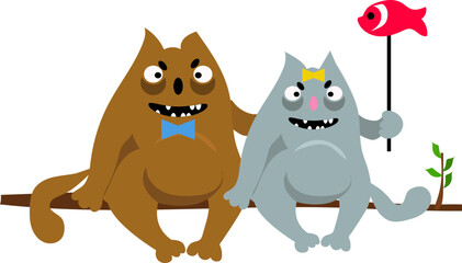 A fat cat and a fat cat are a couple in love. the cat is holding a balloon in its paw. Cartoon.