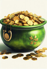 Pot with gold coins and clover - symbols of St. Patrick's Day. AI generated