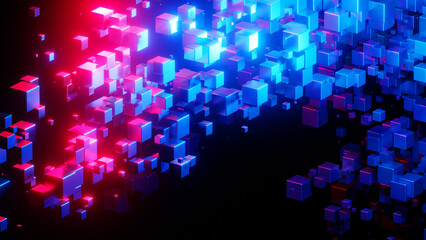 Abstract technology background with 3D cubes in space, purple blue neon glowing cubes on black