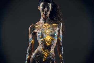 Fototapeta na wymiar Hübsche Frau in Cyberpunk Anzug sexy, ai generativ