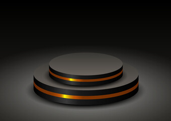 Empty podium or pedestal display scene on black background with cylinder stand, Blank minimal product shelf standing backdrop