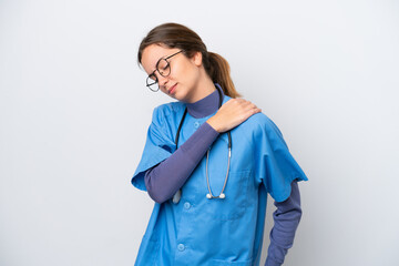 Young caucasian nurse woman isolated on white background suffering from pain in shoulder for having made an effort